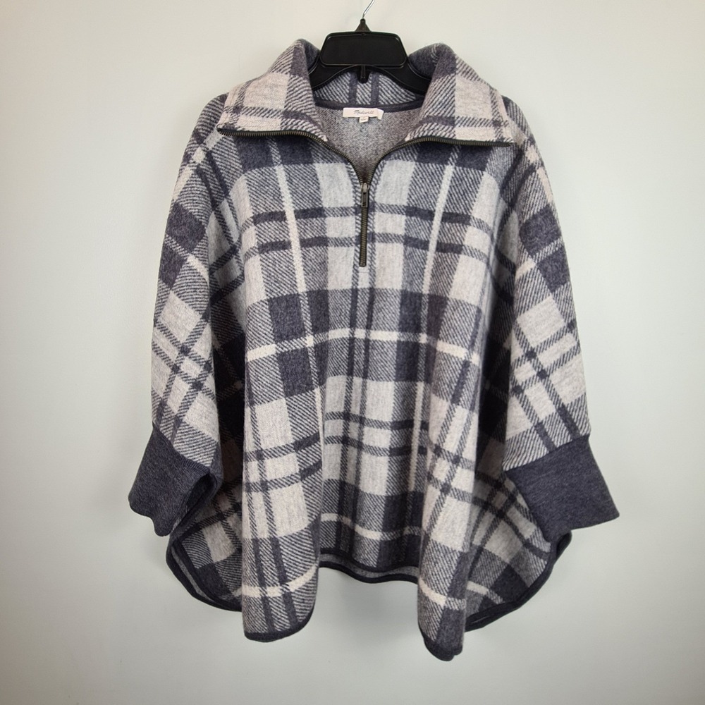 Madewell Womens Lynwood Gray Plaid Boiled Wool Quarter Zip Poncho Cape Sweater M